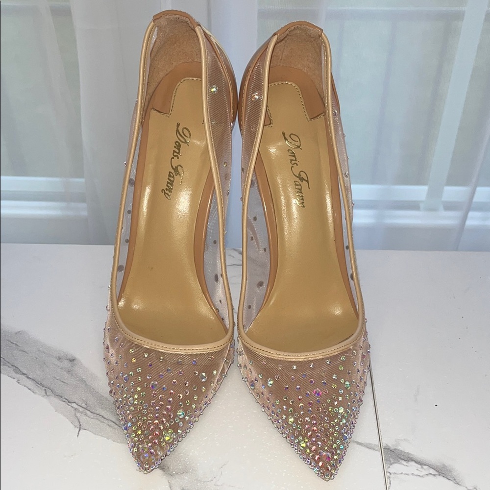 Rhinestone Nude Patent Leather & Mesh Heels - Size 42 - Picture 4 of 11